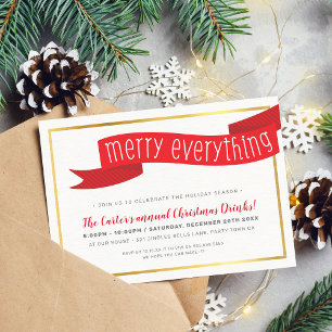 CHRISTMAS PARTY modern red ribbon MERRY EVERYTHING Holiday Card