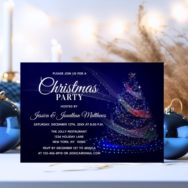 CHRISTMAS PARTY Navy Blue Twinkle Lights Snow Tree Invitation (CHRISTMAS PARTY Navy Blue Twinkle Lights Snow Tree Invitation)