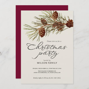 Christmas Party Pine Branch Modern Script Holiday Invitation