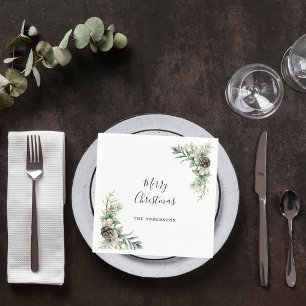 Christmas party pine cones white green napkin