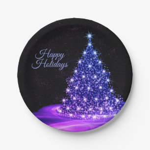 Christmas Party Pink Blue Tree Winter Black Rustic Paper Plate