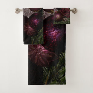 Christmas Party Pink Ornament Green Leaves Black Bath Towel Set