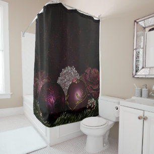 Christmas Party Pink Ornament Green Leaves Black Shower Curtain