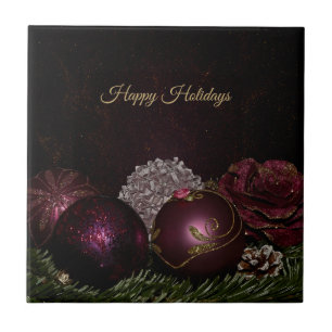 Christmas Party Pink Ornaments Green Leaves Black Ceramic Tile