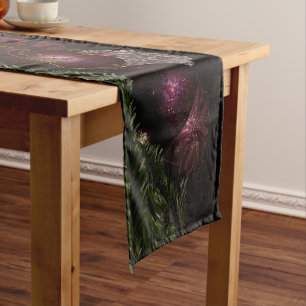Christmas Party Pink Ornaments Green Leaves Black Short Table Runner