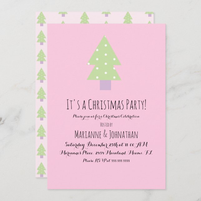 Christmas Party Pink Pastel Tree Invitation (Front/Back)