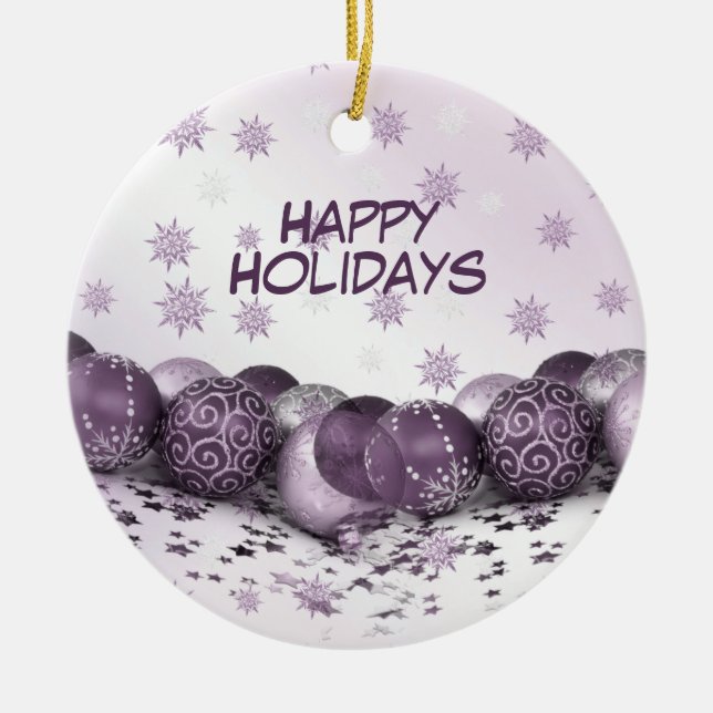 Christmas Party Pink Purple Snowflakes Elegant Ceramic Ornament (Front)
