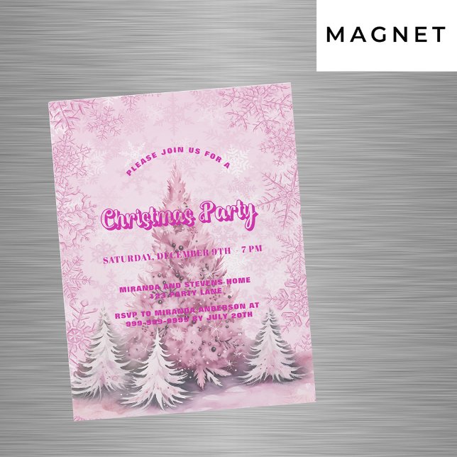 Christmas party pink tree snowflakes luxury magnetic invitation (Creator Uploaded)