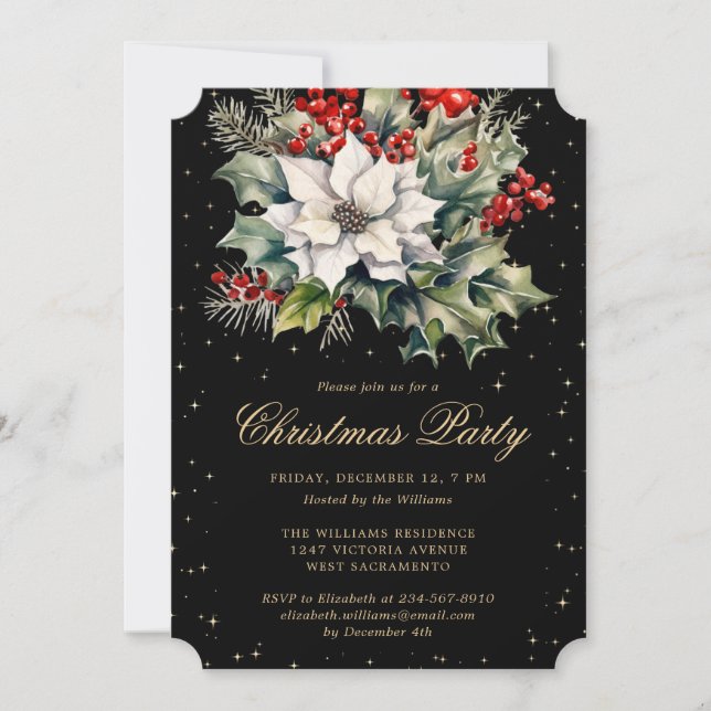 Christmas Party Poinsettia Holly Red Berries Black Invitation (Front)