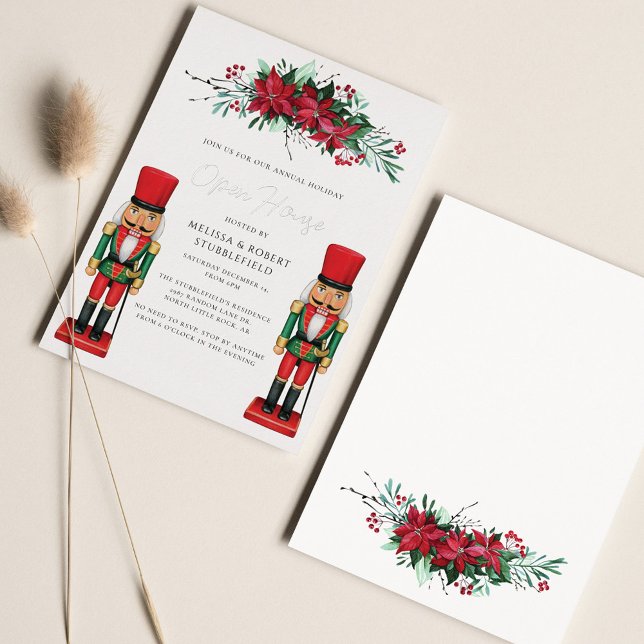 Christmas Party Poinsettia Toy Nutcracker Silver (Open House Christmas Nutcracker Poinsettia Invitation)