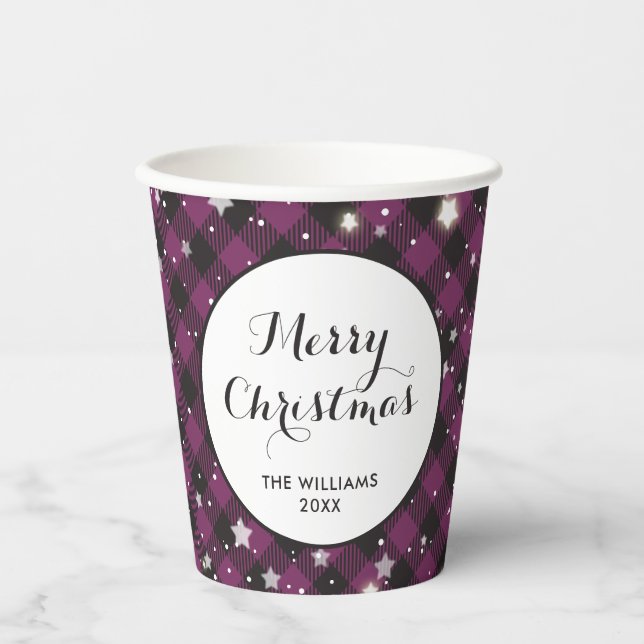 Christmas Party Purple Buffalo Plaid Paper Cups (Front)