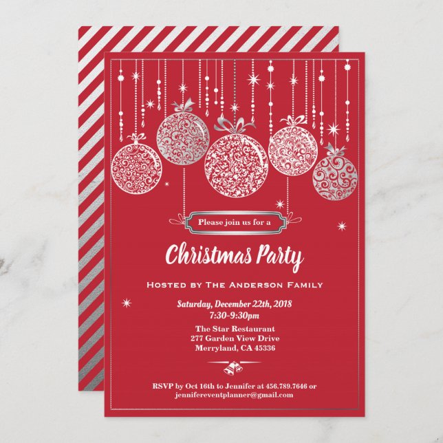 Christmas party red and silver ornaments exchange invitation (Front/Back)