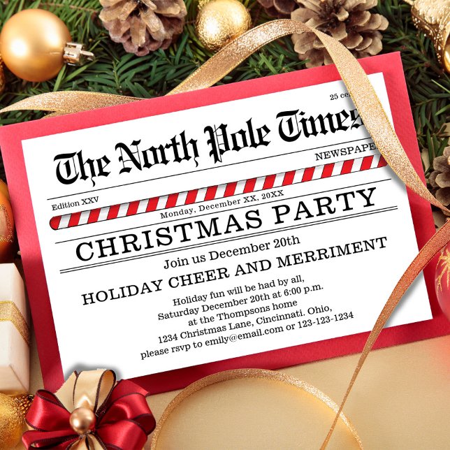 Christmas Party Red and White Newspaper  Invitation (The North Pole Times Christmas party invitations. )