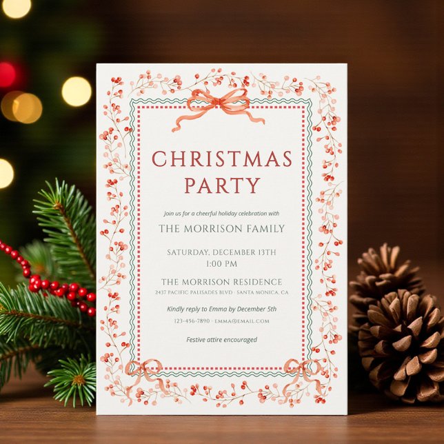 Christmas Party Red Bow Botanical Holiday Invitation (Creator Uploaded)