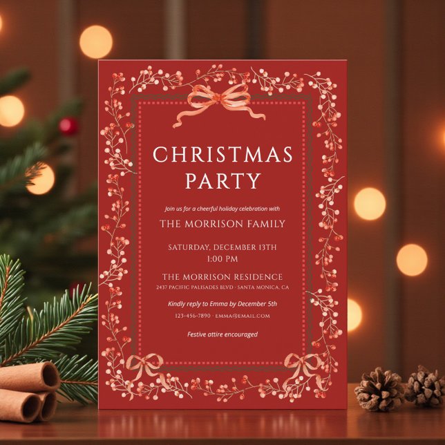 Christmas Party Red Bow Modern Holiday Invitation (Creator Uploaded)