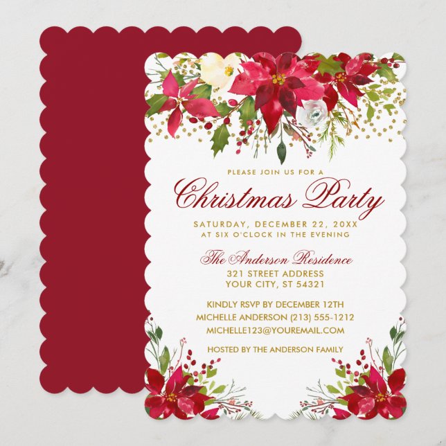 Christmas Party Red Floral Poinsettia Gold Glitter Invitation (Front/Back)