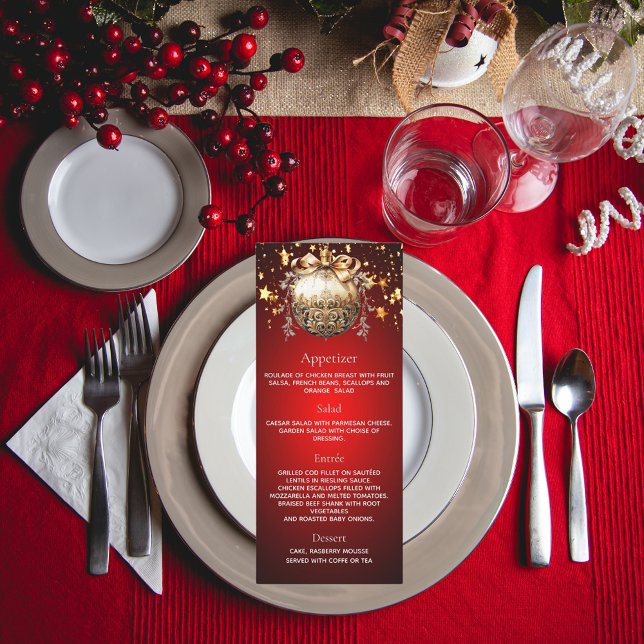 Christmas party red gold bauble dinner menu card (Creator Uploaded)