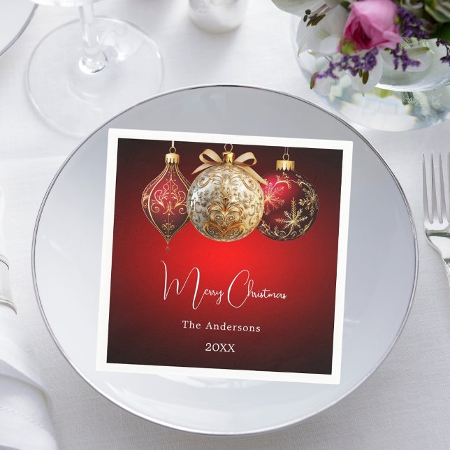 Christmas party red gold baubles dinner napkin (Creator Uploaded)