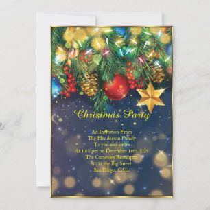 Christmas party red gold Blue Green baubles star Invitation