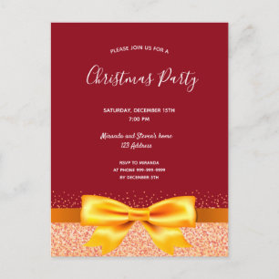 Christmas party red gold bow invitation postcard