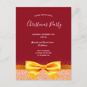 Christmas party red gold bow invitation postcard