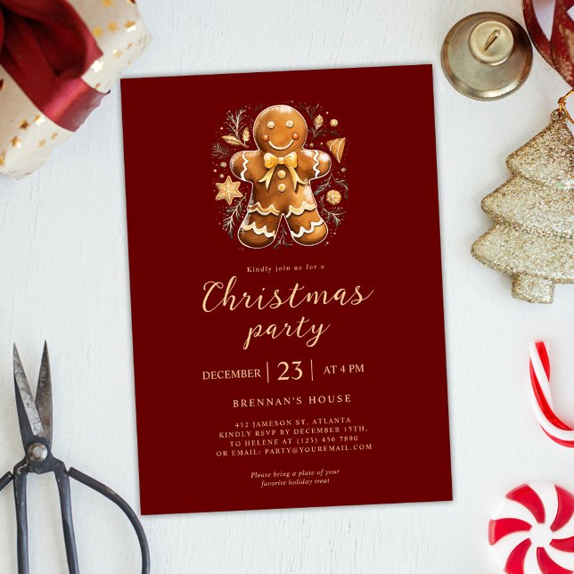 Christmas Party Red Gold Gingerbread Holiday Invitation (Christmas Party Red Gold Gingerbread Holiday Invitation)