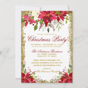 Christmas Party Red Gold Glitter Poinsettia Floral Invitation