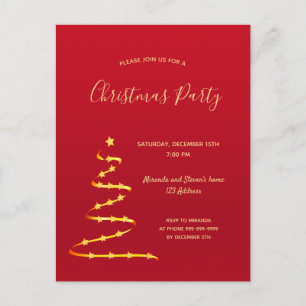 Christmas party red gold modern tree invitation postcard