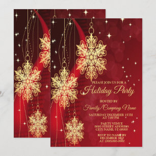 Christmas Party Red Golden Snowflakes Holiday Invitation
