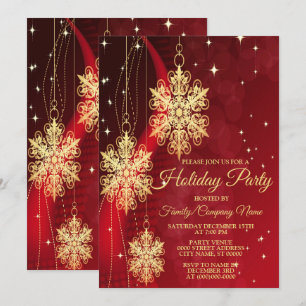Christmas Party Red Golden Snowflakes Holiday Invitation
