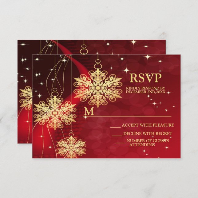 Christmas Party Red Golden Snowflakes Holidays RSVP Card (Front/Back)