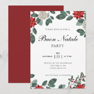 Christmas Party Red Green Floral Invitation