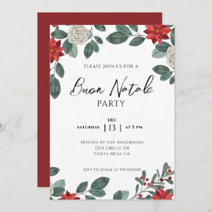 Christmas Party Red Green Floral Invitation