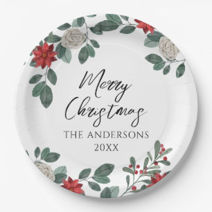 Christmas Party Red Green Floral Paper Plate