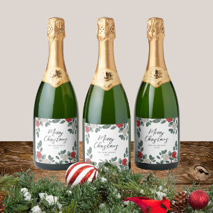 Christmas Party Red Green Floral Sparkling Wine Label