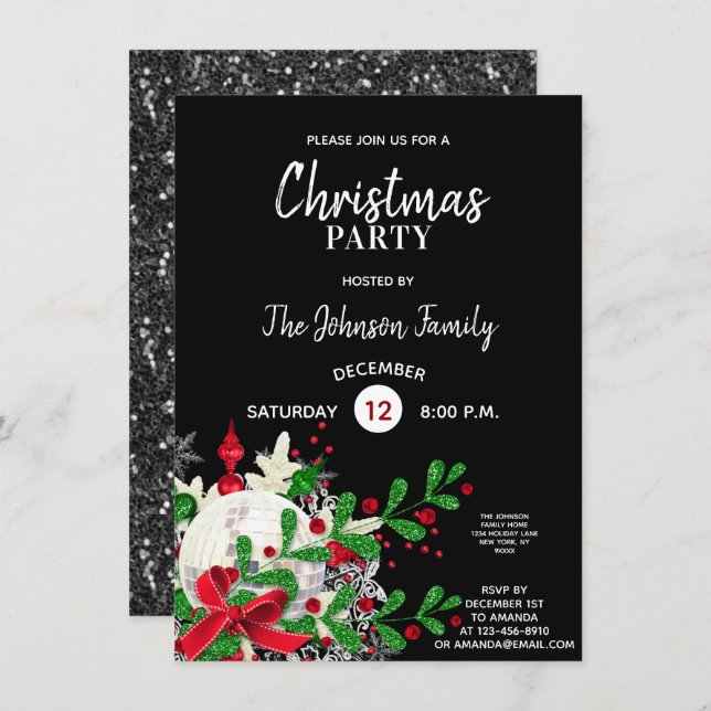 CHRISTMAS PARTY Red Green Glitter DISCO ball Invitation (Front/Back)