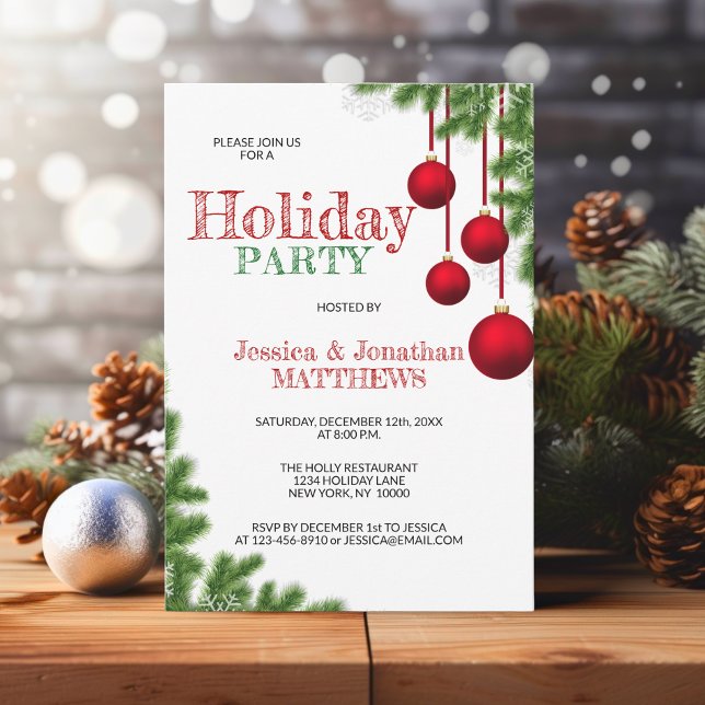 CHRISTMAS PARTY Red Green Ornament Pine Snow Invitation (CHRISTMAS HOLIDAY PARTY Red Green Ornament Pine Snow Invitation)