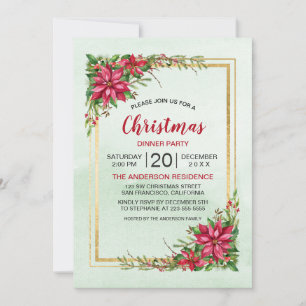 Christmas Party Red Poinsettia Floral Gold Frame