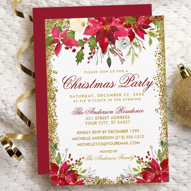 Christmas Party Red Poinsettia Floral Gold Glitter Invitation (Customize to change text color, size, style or to change color of back of card.)