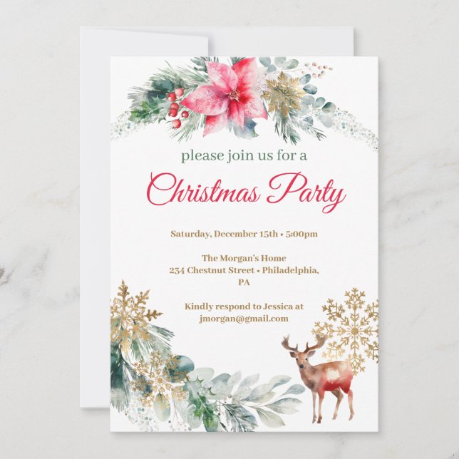 Christmas Party Red Poinsettia  Invitation (Front)
