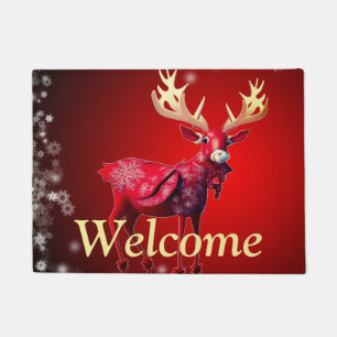 Christmas Party Red Reindeer White Snowflakes Doormat
