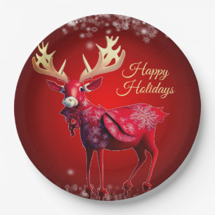 Christmas Party Red Reindeer Winter Holidays Paper Plate