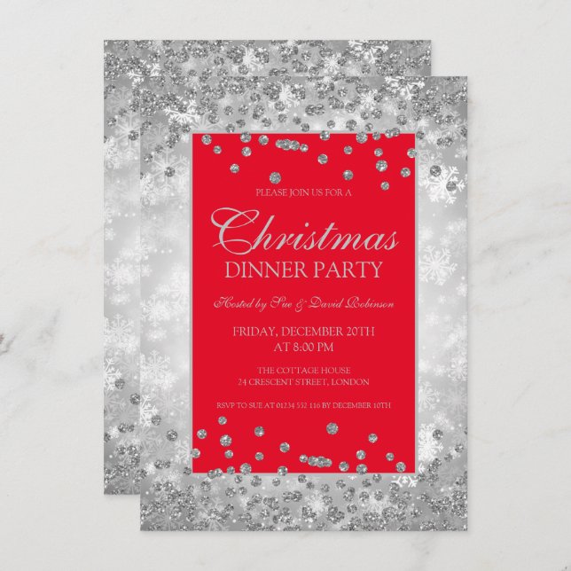 Christmas Party Red & Silver Glitter Winter Wonder Invitation (Front/Back)