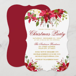 Christmas Party Red Watercolor Floral Poinsettia Invitation