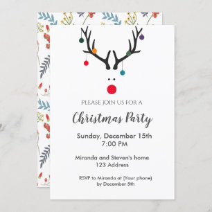 Christmas party reindeer modern white red invitation