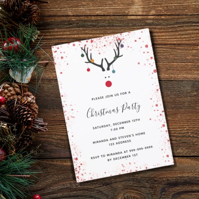 Christmas party reindeer red white fun invitation (Creator Uploaded)