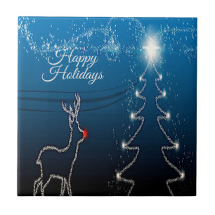 Christmas Party Reindeer Tree Blue Sky Shiny Stars Ceramic Tile