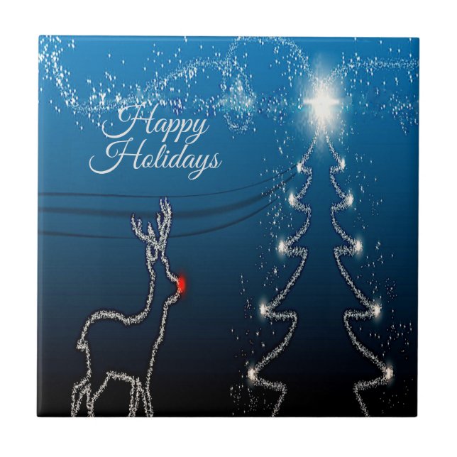 Christmas Party Reindeer Tree Blue Sky Shiny Stars Ceramic Tile (Front)