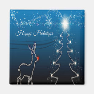 Christmas Party Reindeer Tree Blue Sky Shiny Stars Magnet