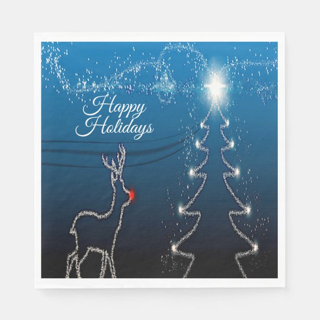 Christmas Party Reindeer Tree Blue Sky Shiny Stars Napkin (Front)